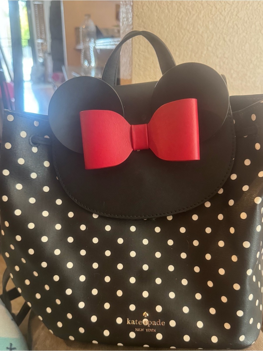 Kate Spade x Disney Minnie Mouse Medium Black Polka Dot Backpack Red Bow